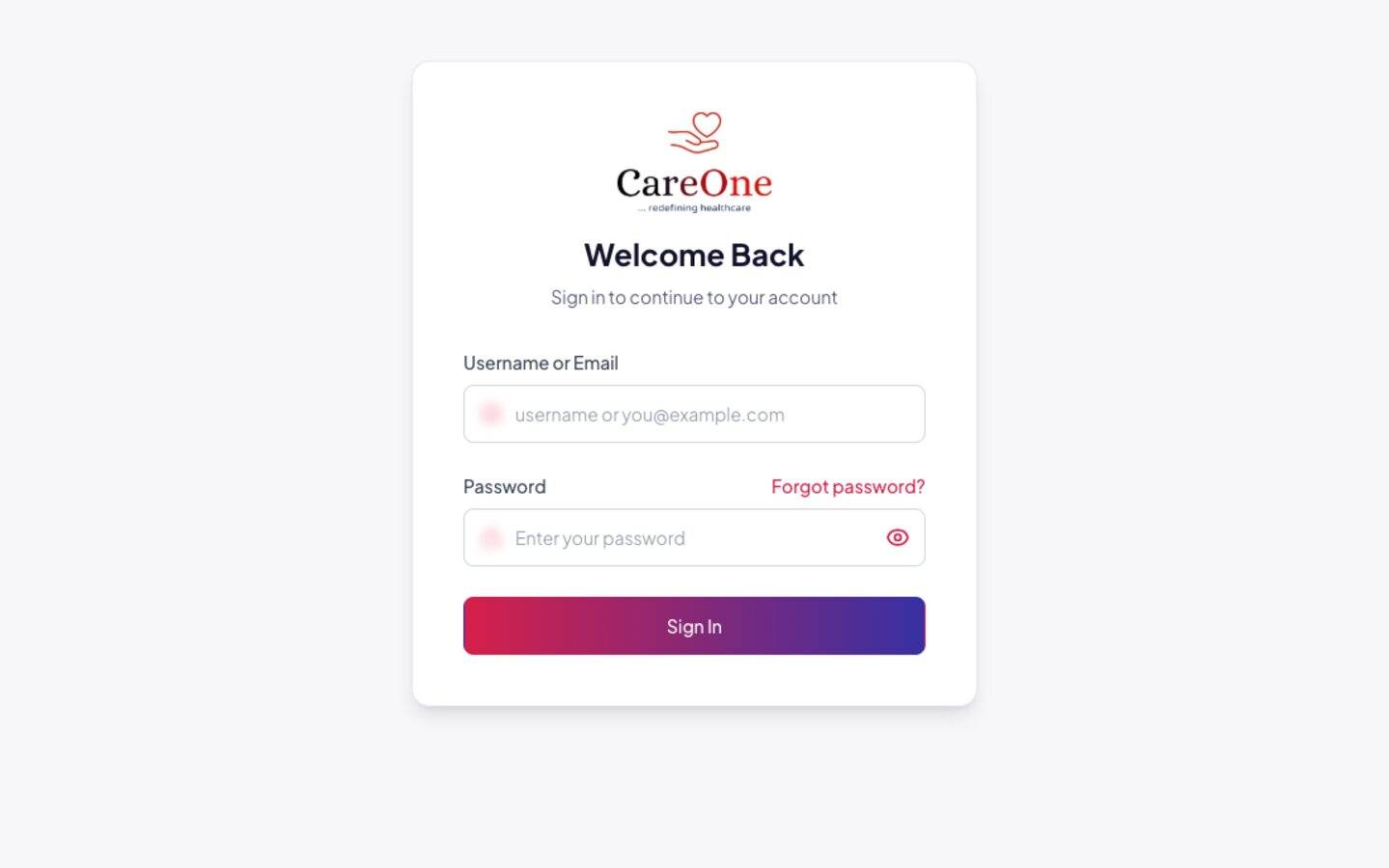 Sign-in screen of the CareOne AI-powered EMR platform