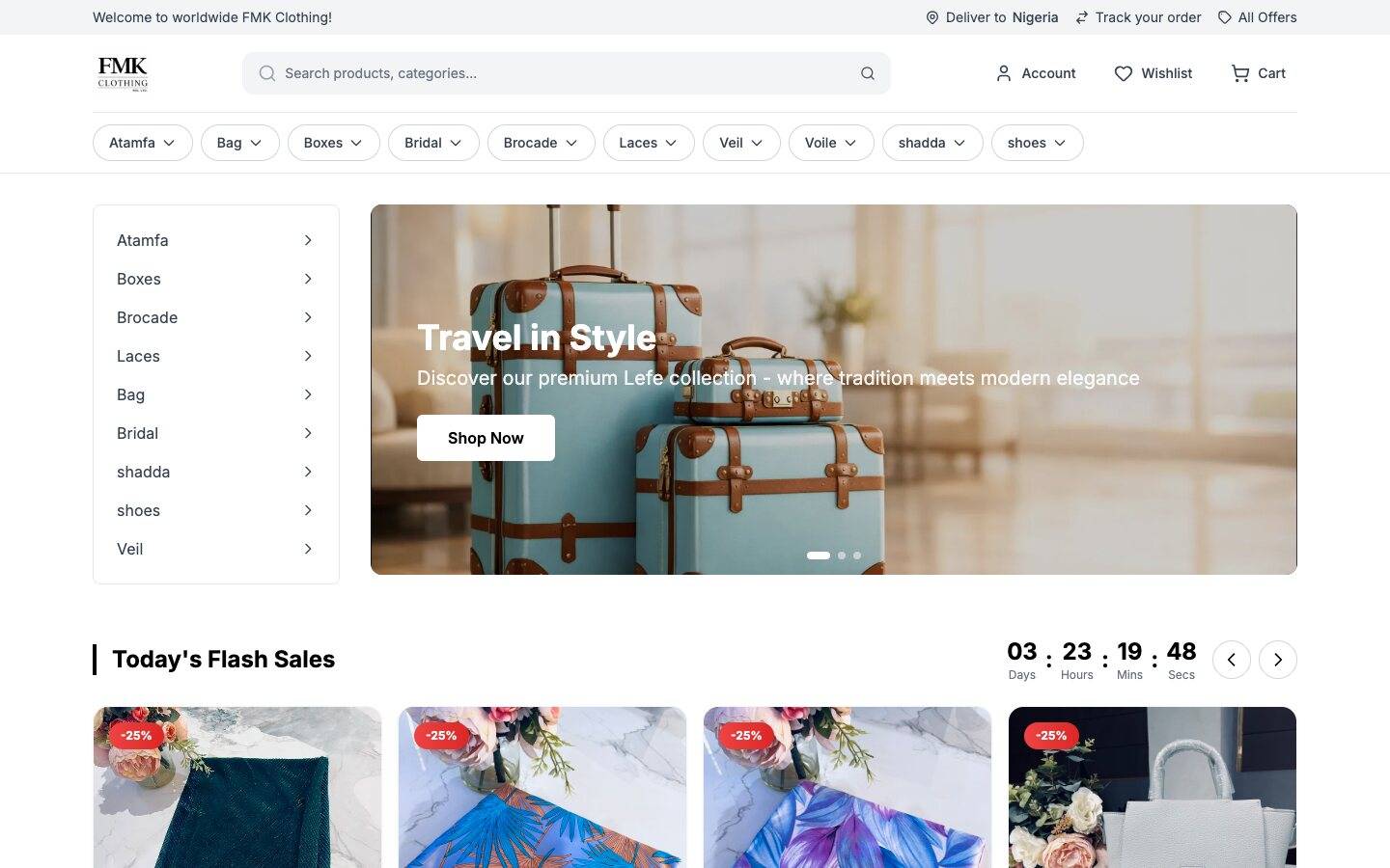FMK Clothing online store home page with fabric categories and flash sales