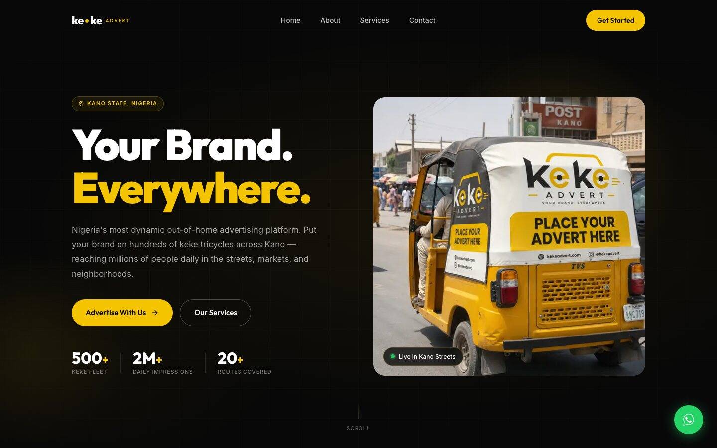 Keke Advert website home page showing a branded tricycle