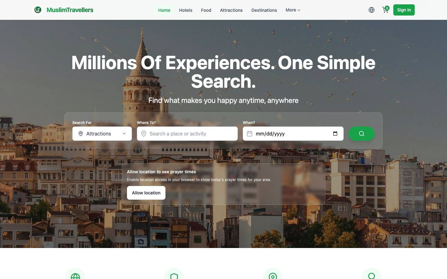MuslimTravellers booking site home page with destination search